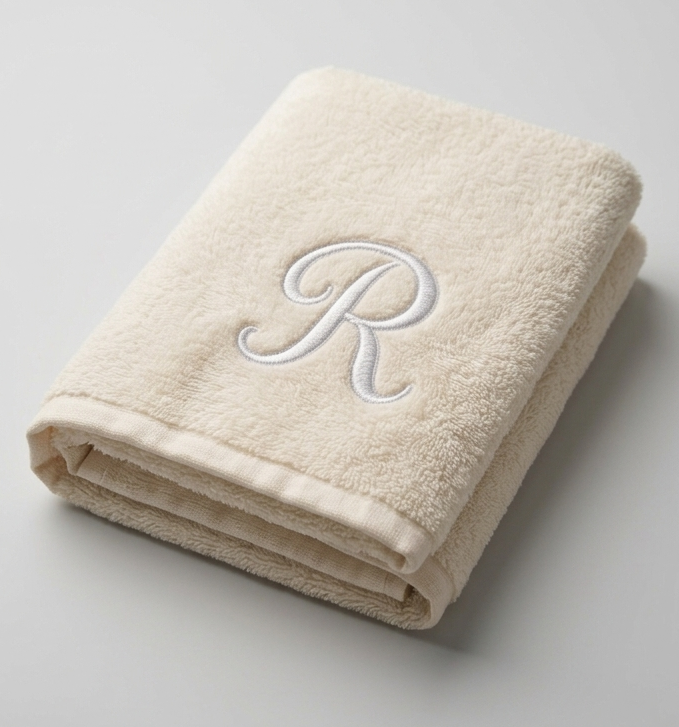 Cream towel with white embroidered R monogram